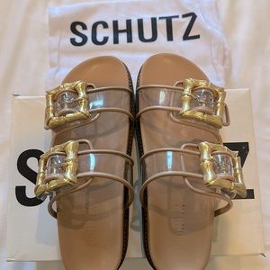 SCHUTZ BRAND NEW Enola sporty slide sandals clear strap gold buckle